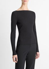Ribbed Cotton-Blend Slash-Neck Long-Sleeve Top in Long Sleeve - BLACK | VINCE Women