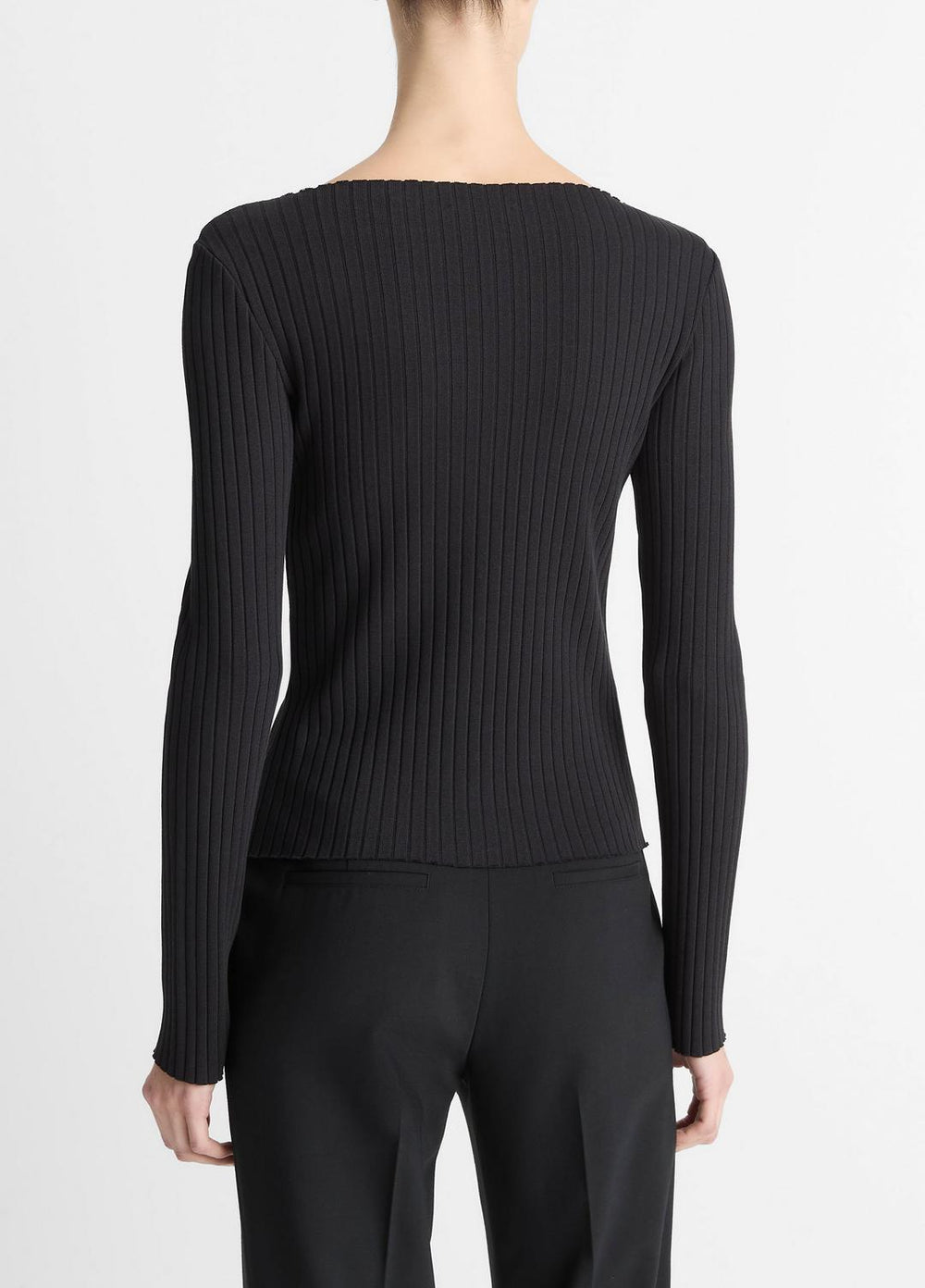 Ribbed Cotton-Blend Slash-Neck Long-Sleeve Top in Long Sleeve - BLACK | VINCE Women