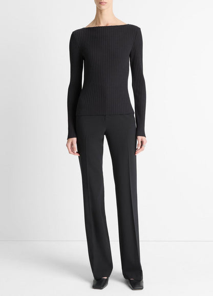 Ribbed Cotton-Blend Slash-Neck Long-Sleeve Top in Long Sleeve - BLACK | VINCE Women