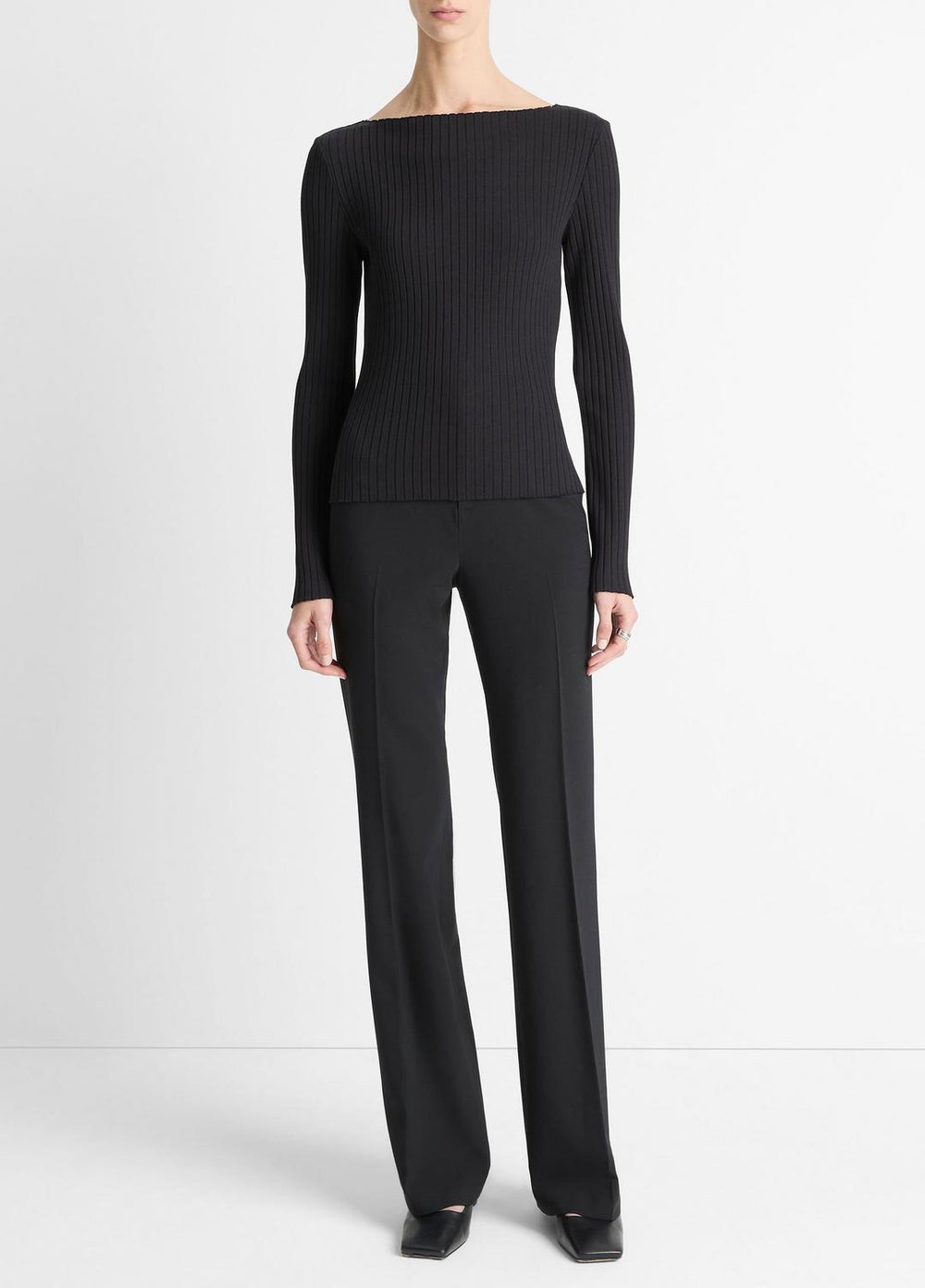 Ribbed Cotton-Blend Slash-Neck Long-Sleeve Top in Long Sleeve - BLACK | VINCE Women