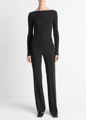 Ribbed Cotton-Blend Slash-Neck Long-Sleeve Top in Long Sleeve - BLACK | VINCE Women