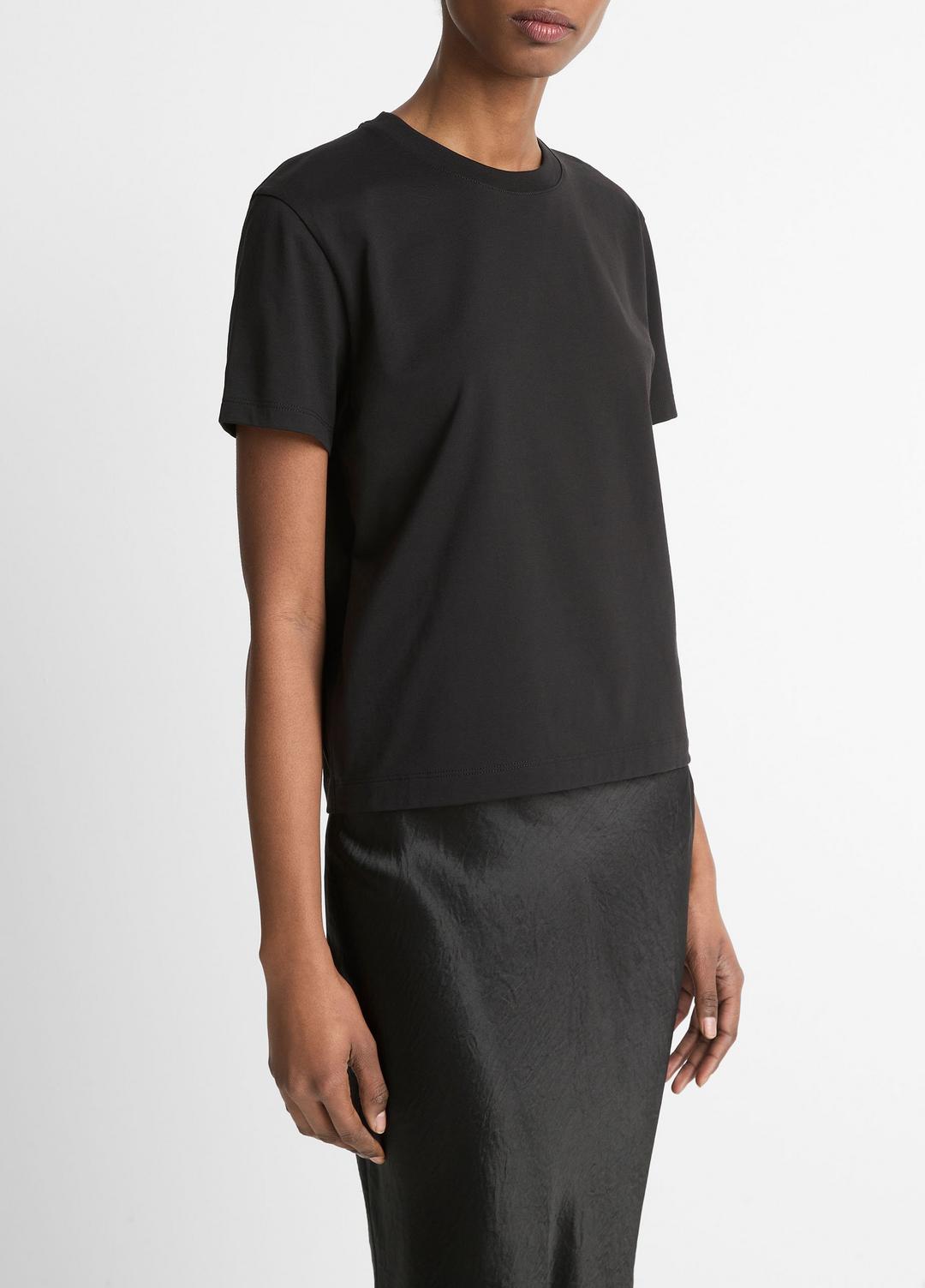 Pima Cotton Crew Neck T-Shirt in Short Sleeve - BLACK | VINCE Women