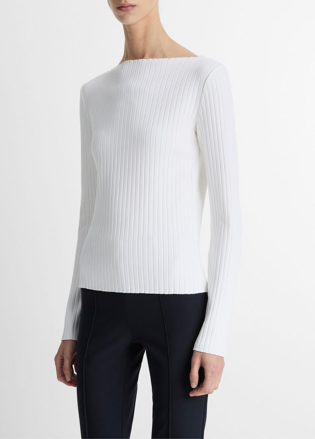 Ribbed Cotton-Blend Slash-Neck Long-Sleeve Top in Long Sleeve - OFF WHITE | VINCE Women