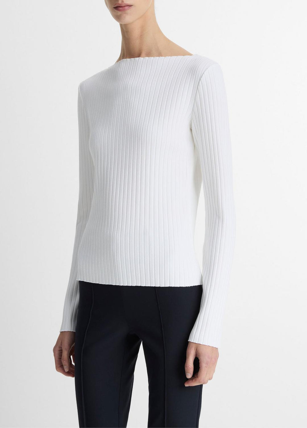 Ribbed Cotton-Blend Slash-Neck Long-Sleeve Top in Long Sleeve - OFF WHITE | VINCE Women