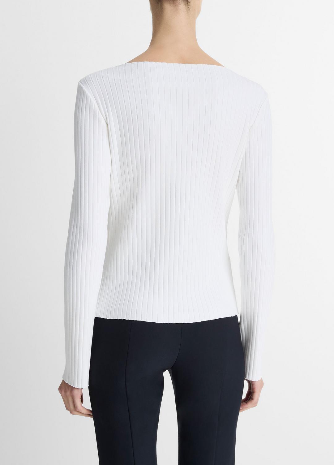 Ribbed Cotton-Blend Slash-Neck Long-Sleeve Top in Long Sleeve - OFF WHITE | VINCE Women