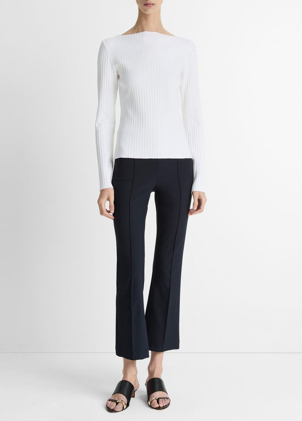 Ribbed Cotton-Blend Slash-Neck Long-Sleeve Top in Long Sleeve - OFF WHITE | VINCE Women
