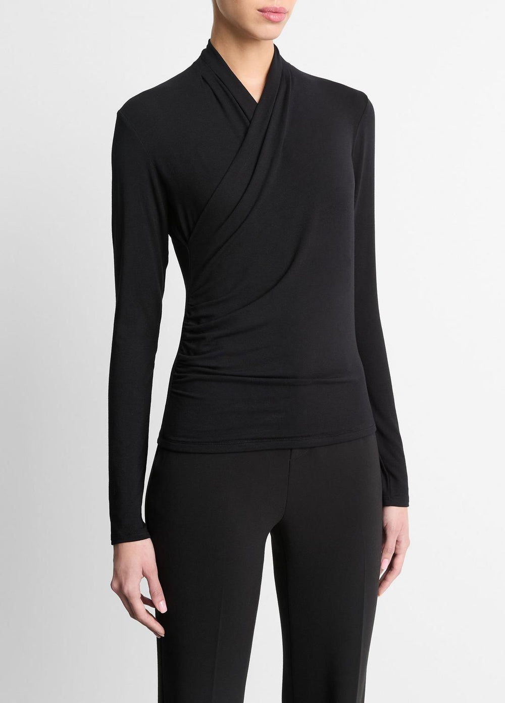 Fixed Wrap Long-Sleeve Top in Long Sleeve - BLACK | VINCE Women