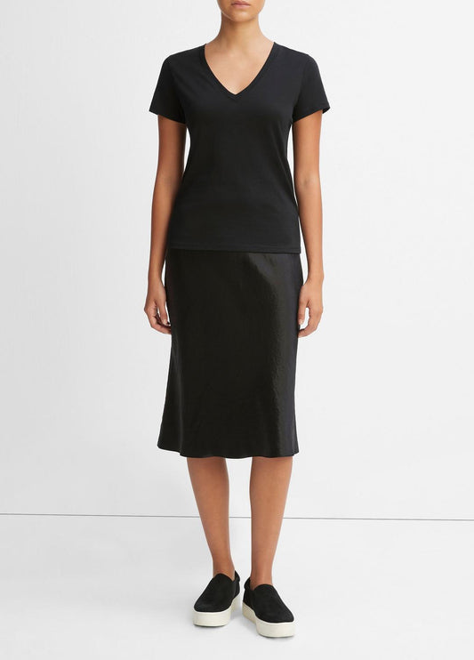 Essential Pima Cotton V-Neck T-Shirt in Short Sleeve - BLACK | VINCE Women