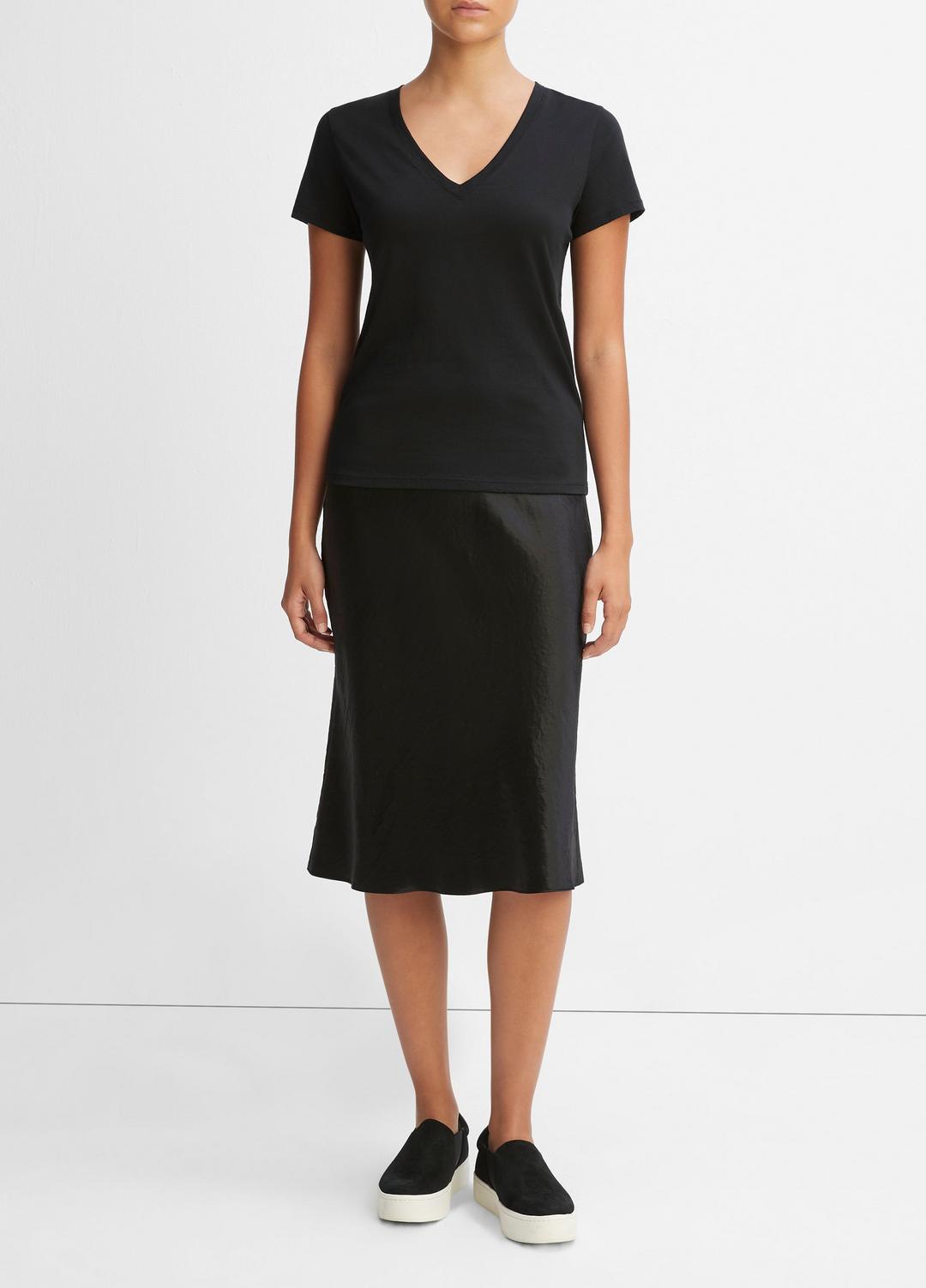Essential Pima Cotton V-Neck T-Shirt in Short Sleeve - BLACK | VINCE Women