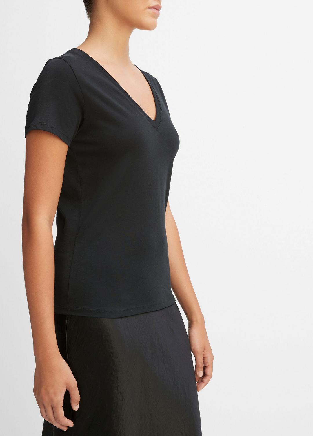 Essential Pima Cotton V-Neck T-Shirt in Short Sleeve - BLACK | VINCE Women