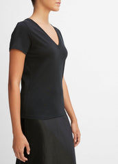 Essential Pima Cotton V-Neck T-Shirt in Short Sleeve - BLACK | VINCE Women