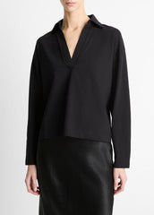 Easy Pima Cotton Long-Sleeve Polo Shirt in Long Sleeve - BLACK | VINCE Women