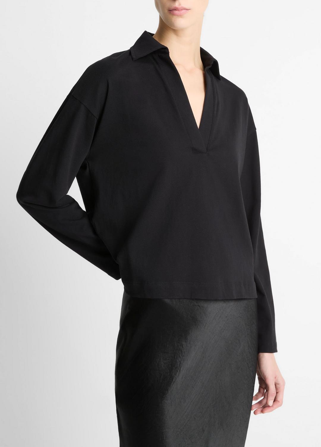 Easy Pima Cotton Long-Sleeve Polo Shirt in Long Sleeve - BLACK | VINCE Women