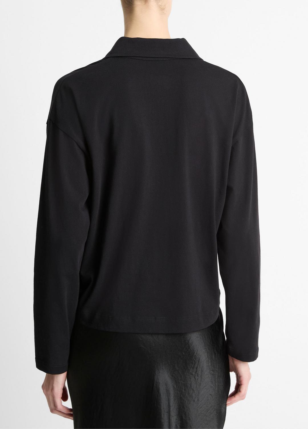 Easy Pima Cotton Long-Sleeve Polo Shirt in Long Sleeve - BLACK | VINCE Women