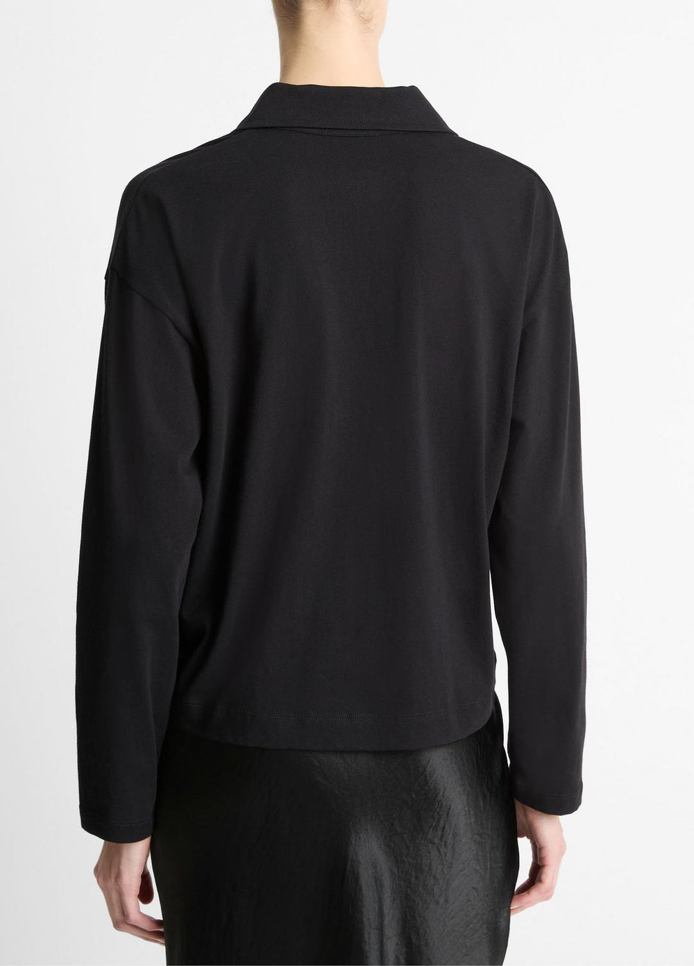 Easy Pima Cotton Long-Sleeve Polo Shirt in Long Sleeve - BLACK | VINCE Women