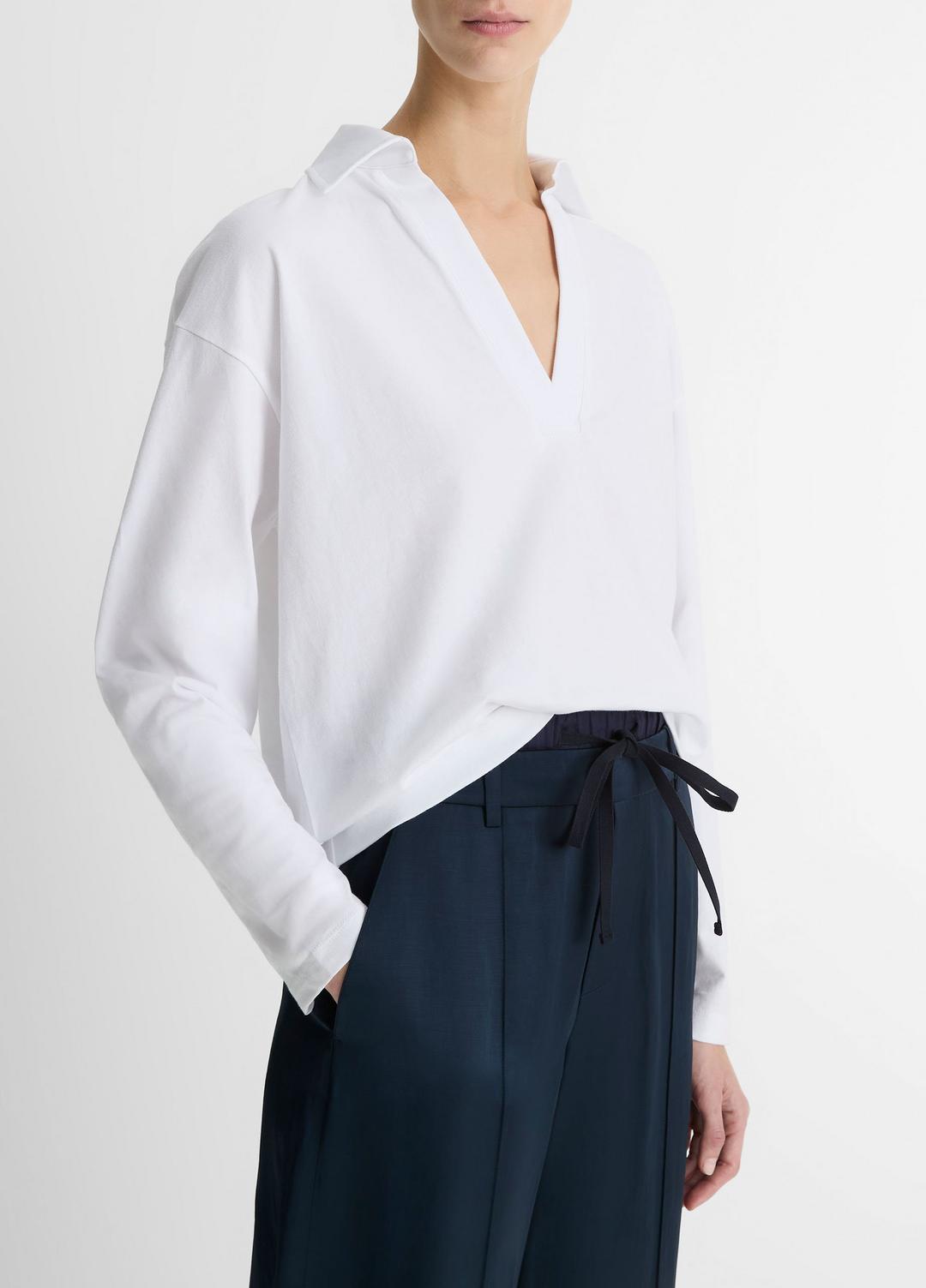 Easy Pima Cotton Long-Sleeve Polo Shirt in Long Sleeve - OPTIC WHITE | VINCE Women