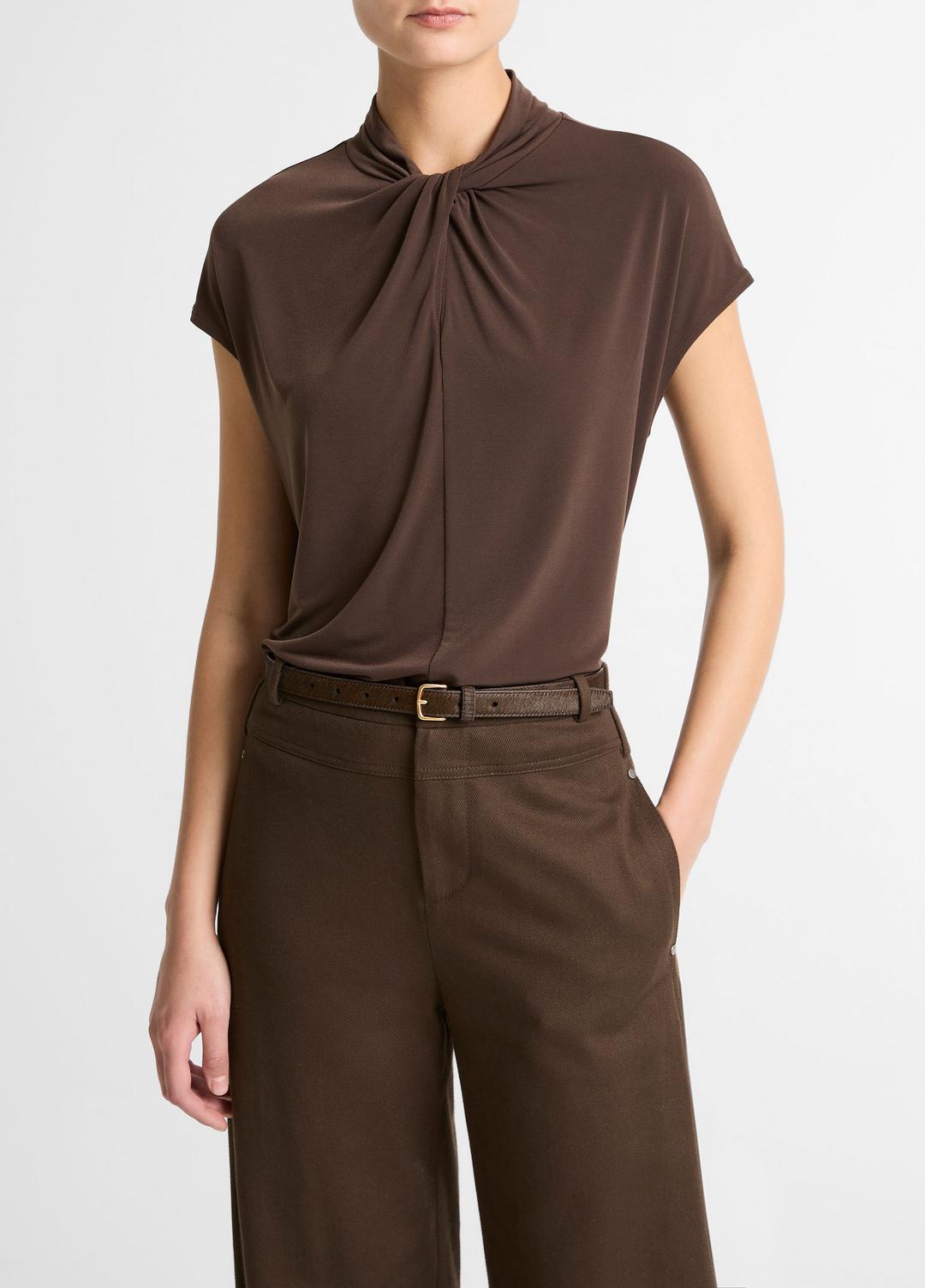 Twist-Neck Matte Jersey Cap-Sleeve Top  in Short Sleeve - DARK BARK | VINCE Women