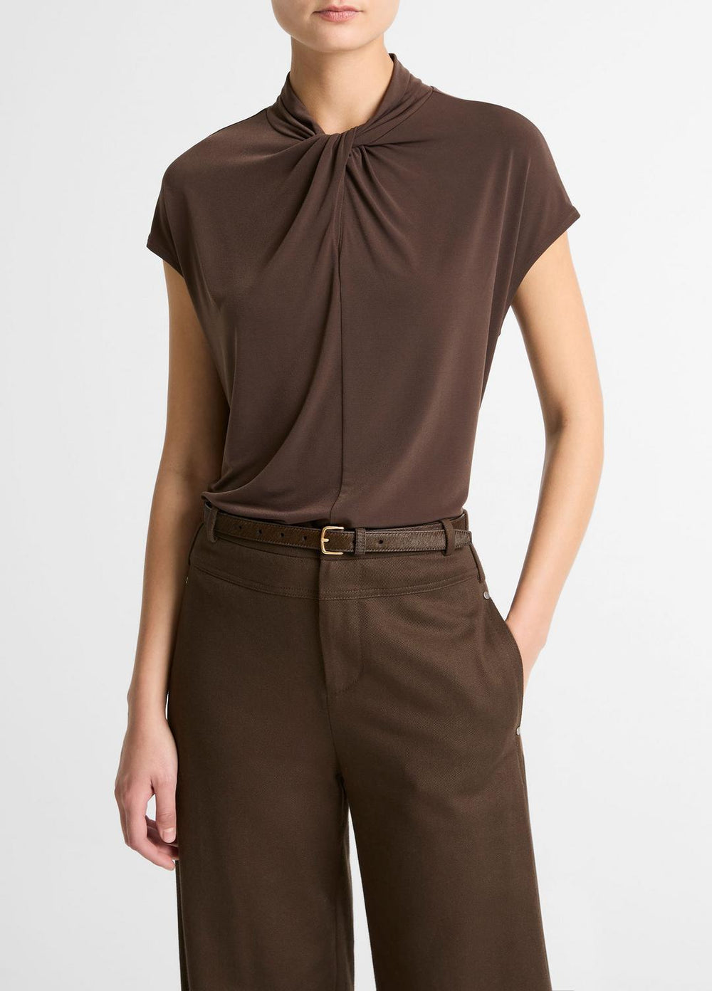 Twist-Neck Matte Jersey Cap-Sleeve Top  in Short Sleeve - DARK BARK | VINCE Women