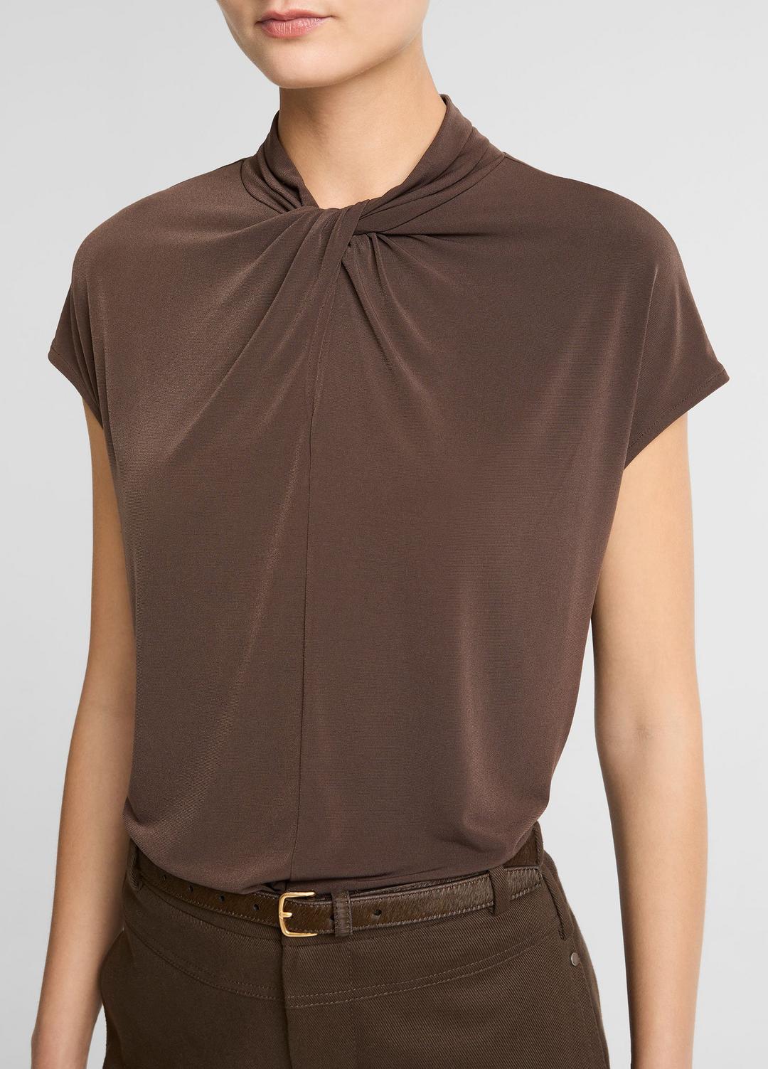 Twist-Neck Matte Jersey Cap-Sleeve Top  in Short Sleeve - DARK BARK | VINCE Women
