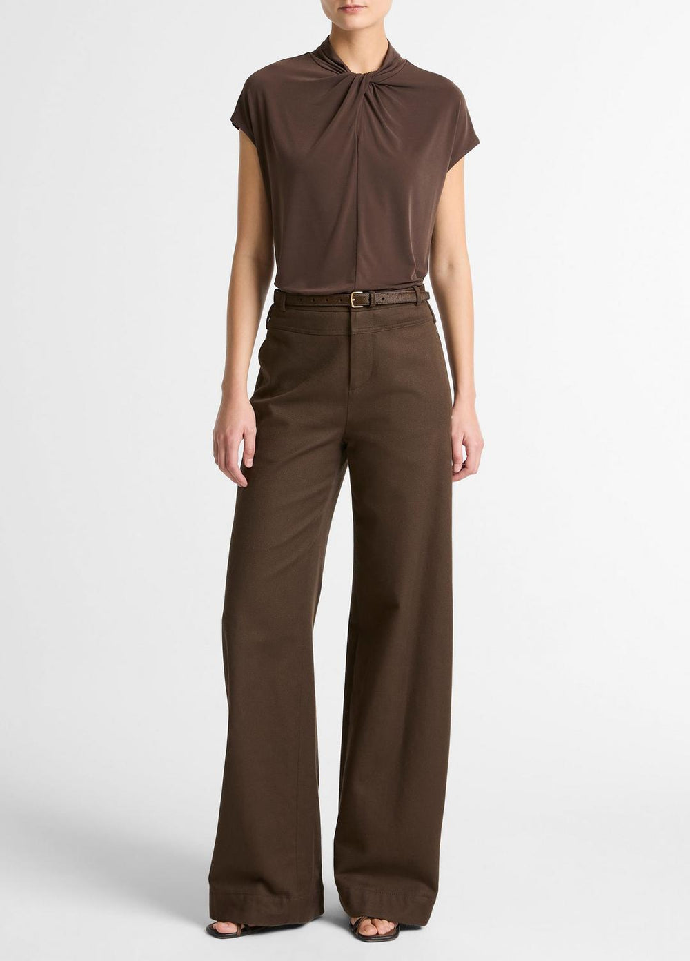 Twist-Neck Matte Jersey Cap-Sleeve Top  in Short Sleeve - DARK BARK | VINCE Women
