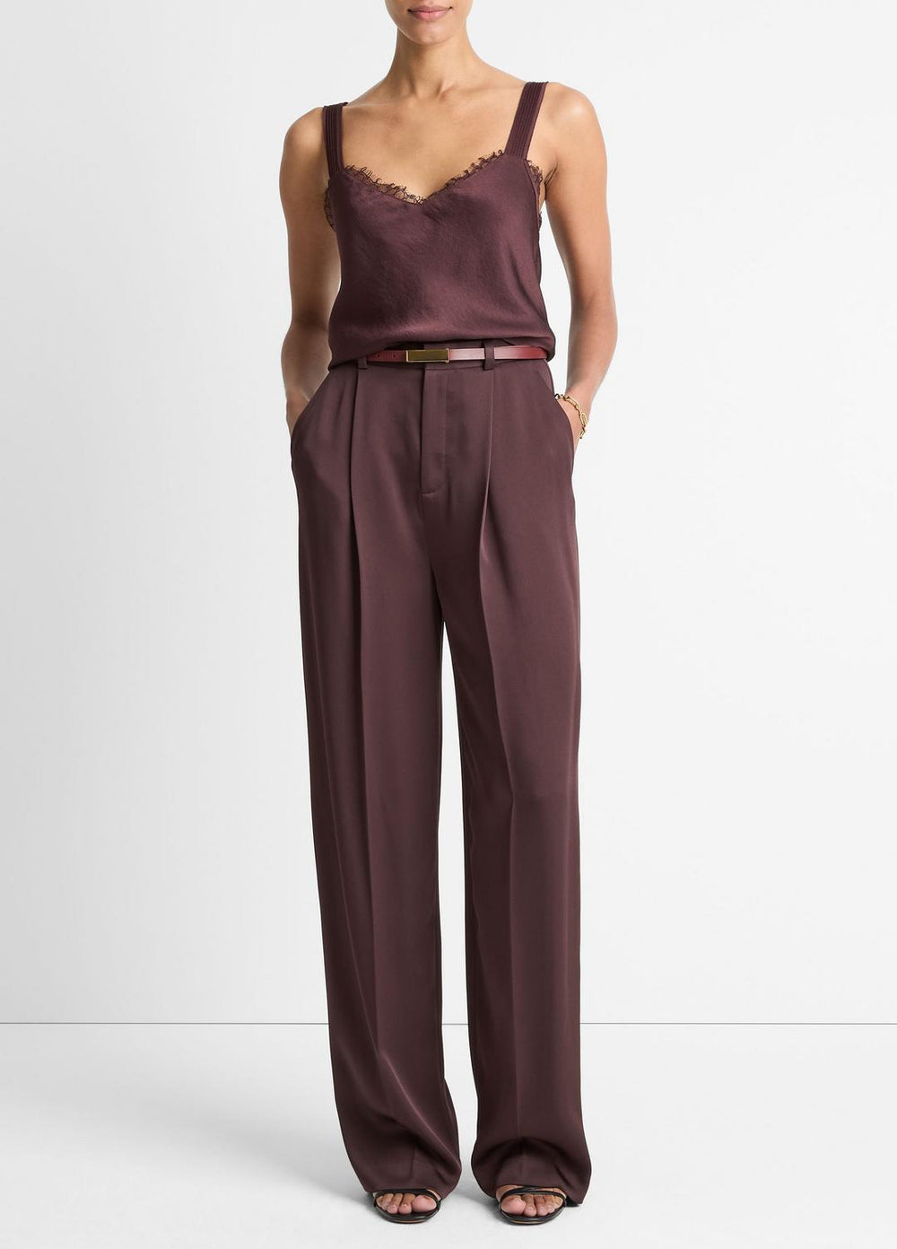Satin Pleated Wide-Leg Trouser in Trousers - DARK FIG | VINCE Women