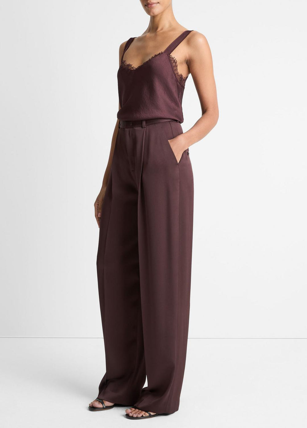 Satin Pleated Wide-Leg Trouser in Trousers - DARK FIG | VINCE Women