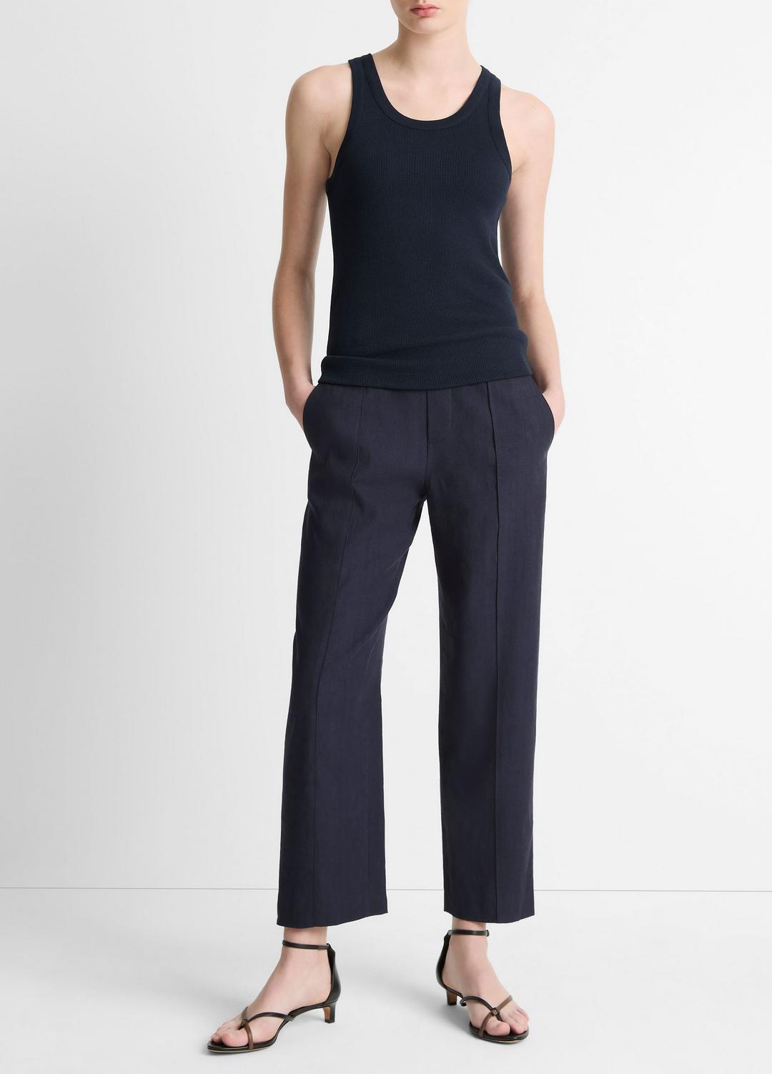Grace Mid-Rise Linen-Blend Pull-On Pant in Trousers - COASTAL BLUE | VINCE Women