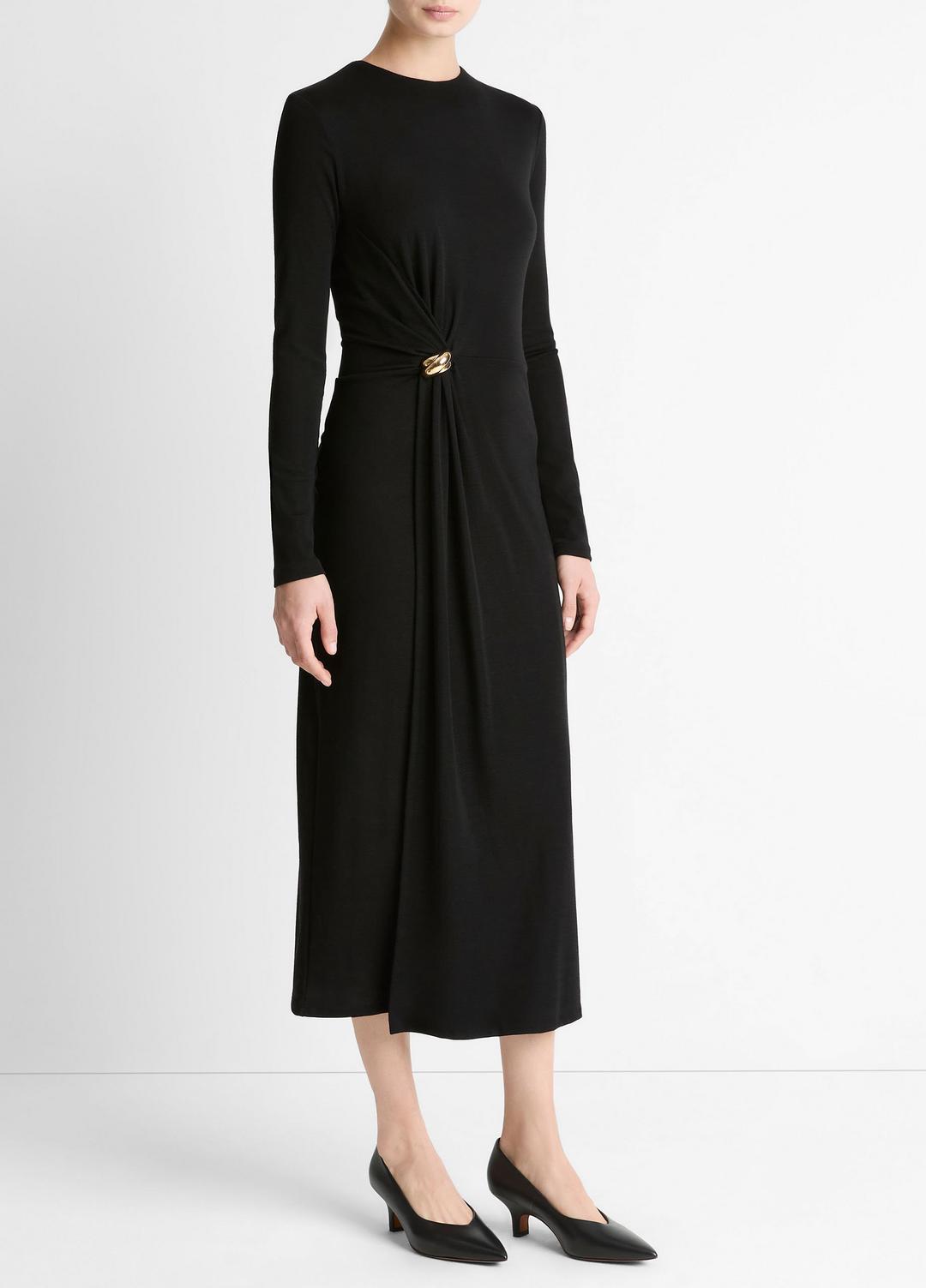 Cinched-Waist Wool-Blend Long-Sleeve Dress in Dresses - BLACK | VINCE Women
