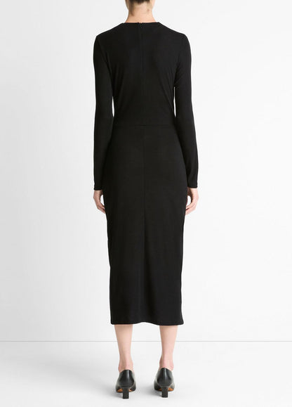 Cinched-Waist Wool-Blend Long-Sleeve Dress in Dresses - BLACK | VINCE Women