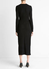 Cinched-Waist Wool-Blend Long-Sleeve Dress in Dresses - BLACK | VINCE Women