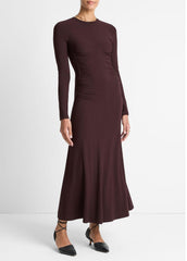 Ruched-Seam Long-Sleeve Dress in Dresses - DARK FIG | VINCE Women