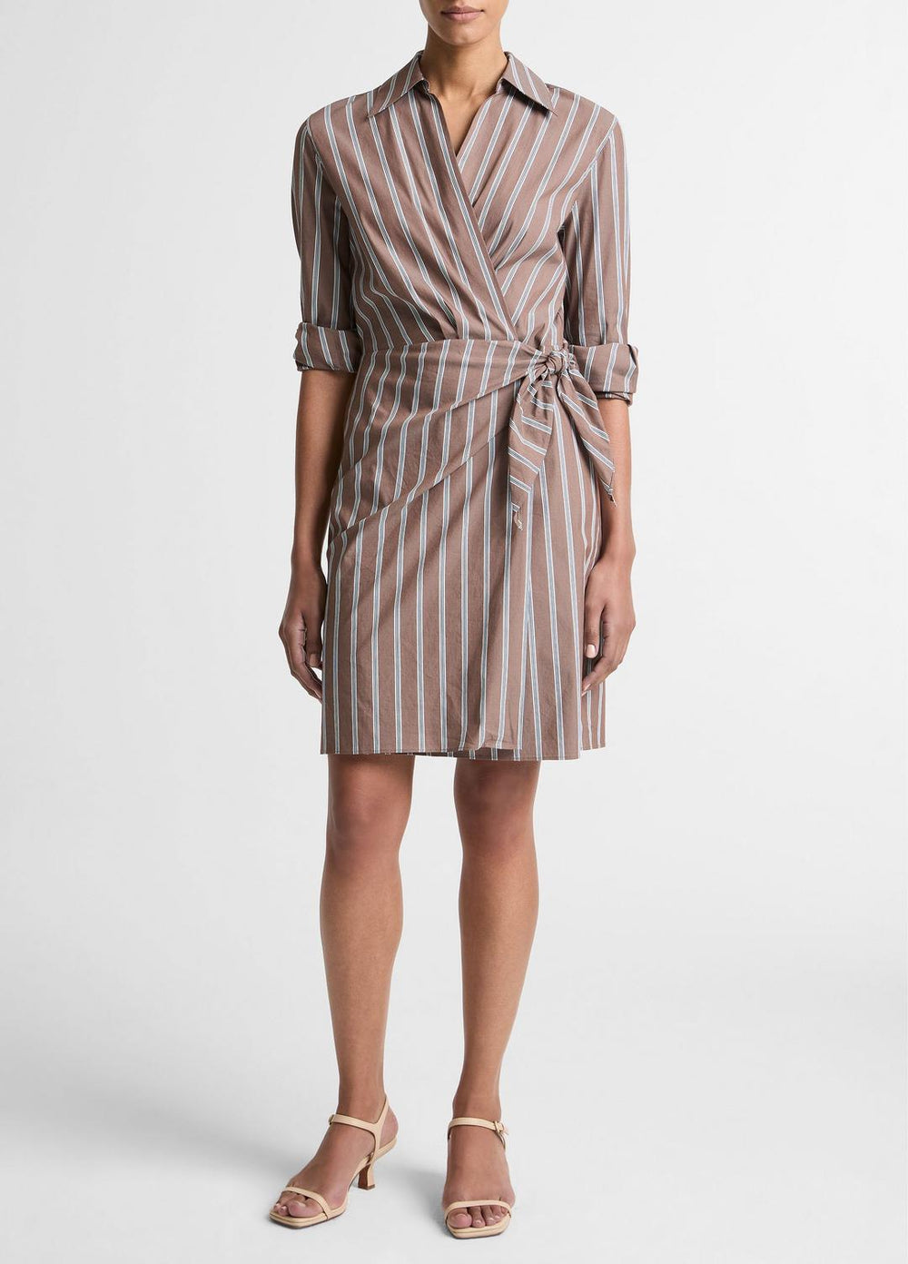 Striped Cotton-Blend Wrap Dress in Dresses - BROWN MULTI | VINCE Women