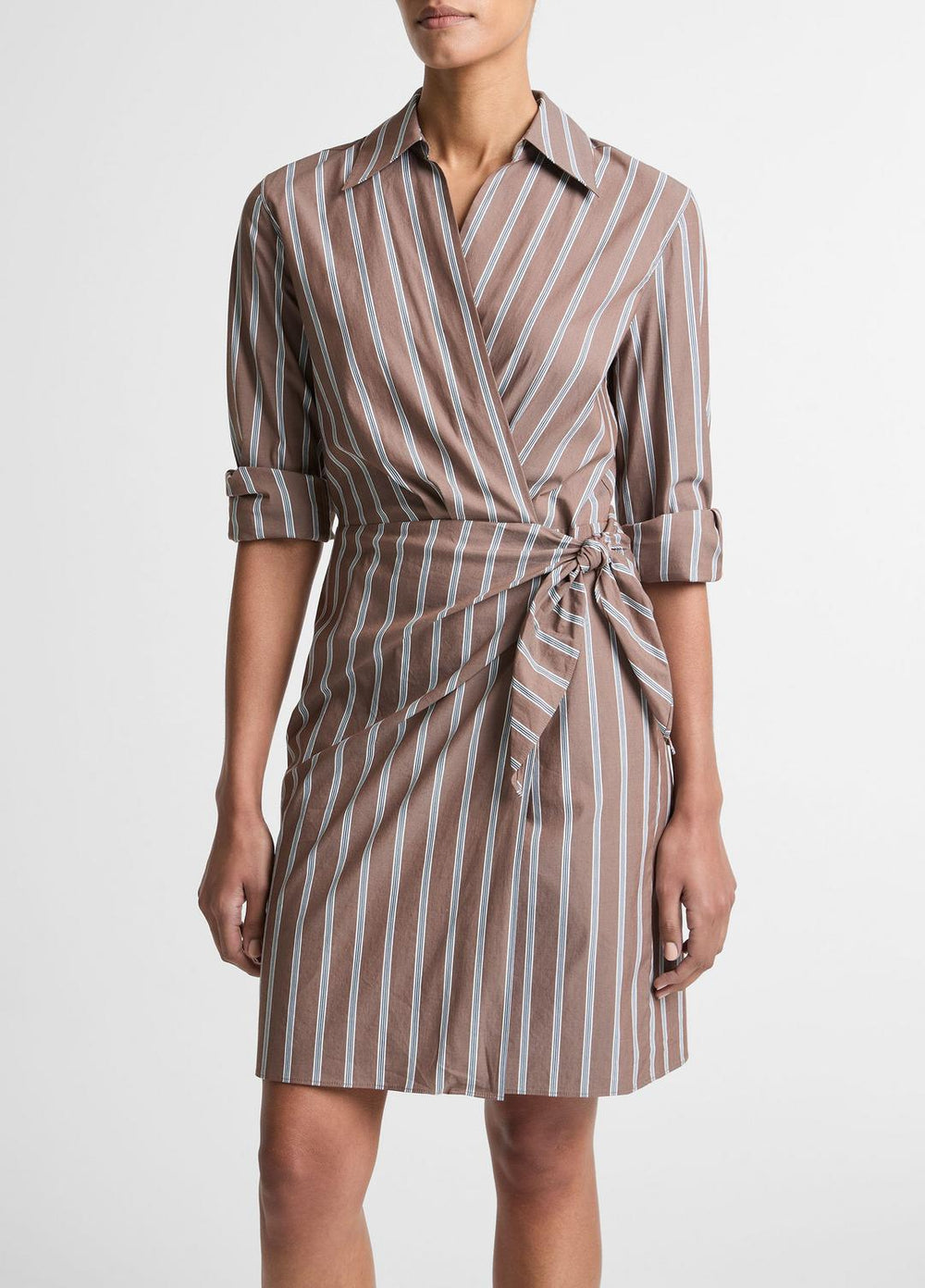 Striped Cotton-Blend Wrap Dress in Dresses - BROWN MULTI | VINCE Women