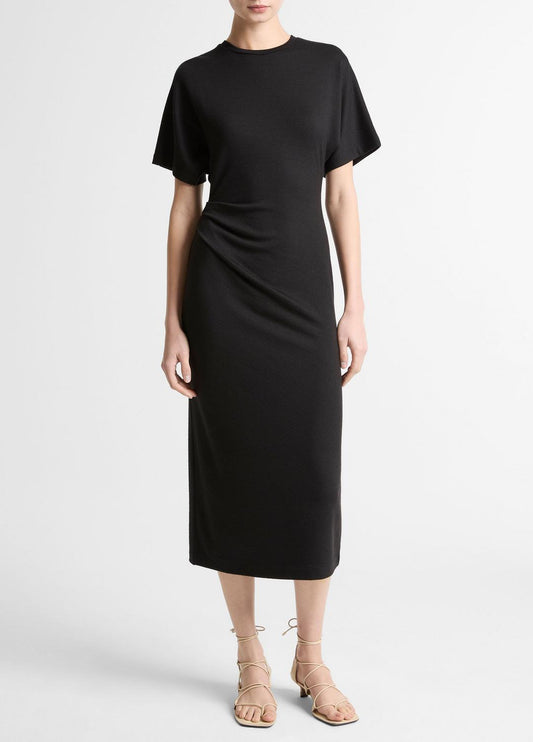 Ruched-Side Matte Jersey Short-Sleeve Dress in Dresses - BLACK | VINCE Women
