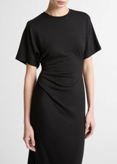 Ruched-Side Matte Jersey Short-Sleeve Dress in Dresses - BLACK | VINCE Women