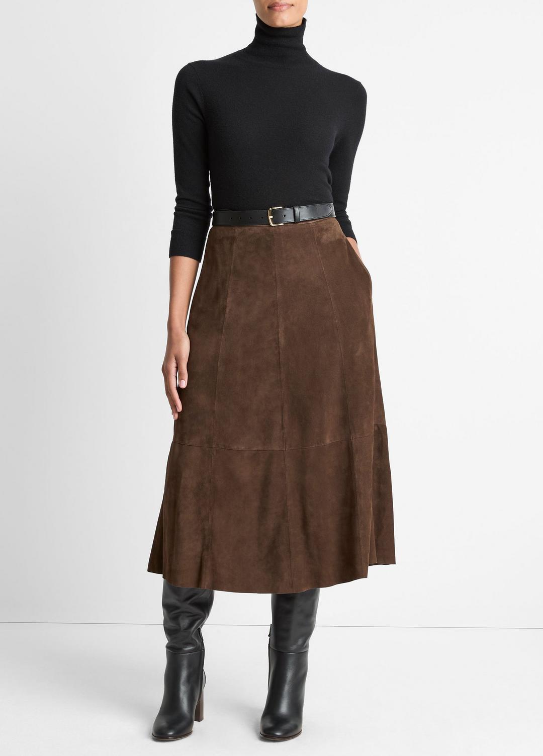 Suede Mid-Rise Flared Skirt in Skirts - DEEP ESPRESSO | VINCE Women