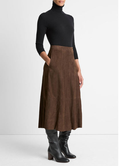 Suede Mid-Rise Flared Skirt in Skirts - DEEP ESPRESSO | VINCE Women
