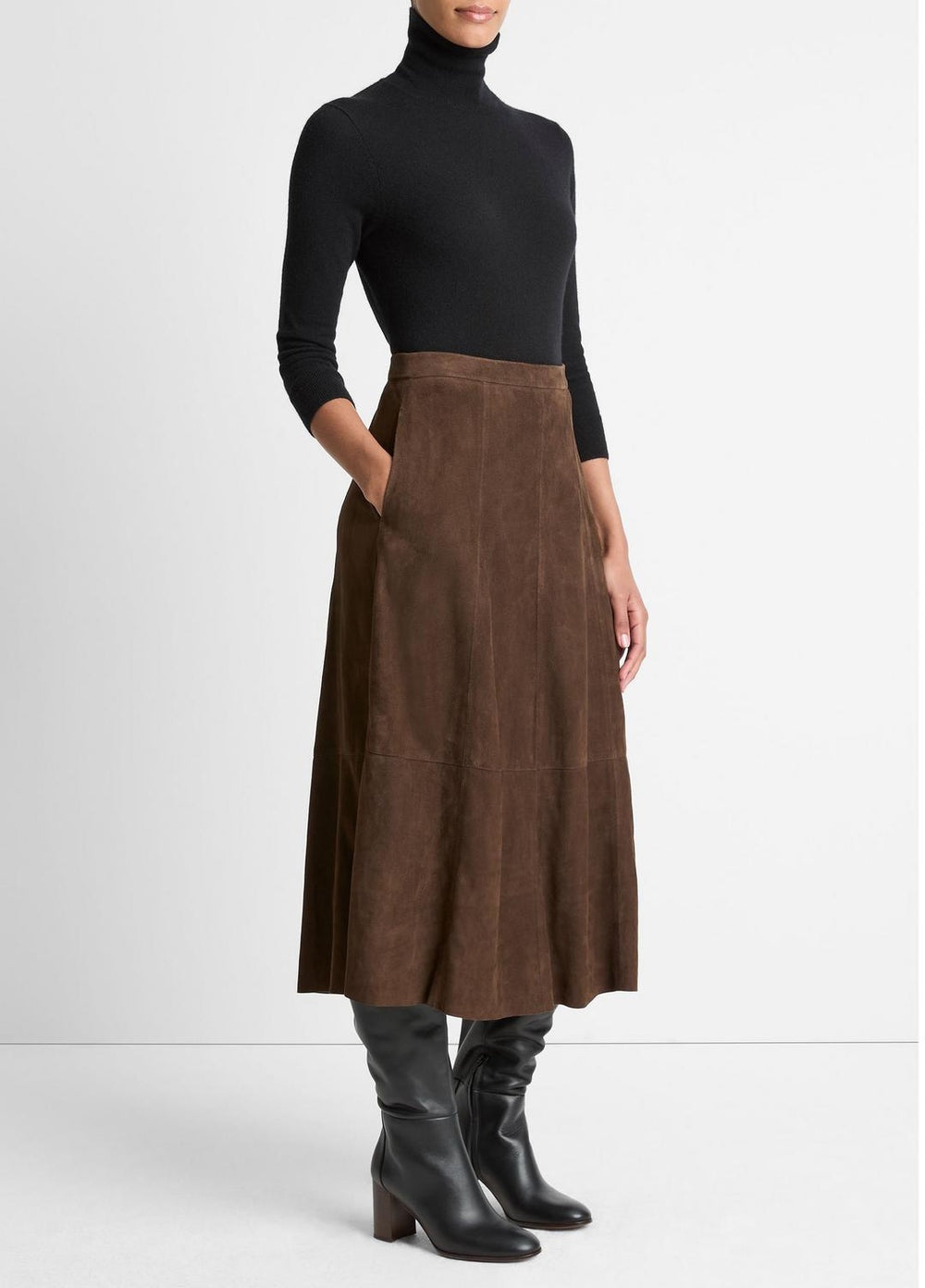 Suede Mid-Rise Flared Skirt in Skirts - DEEP ESPRESSO | VINCE Women