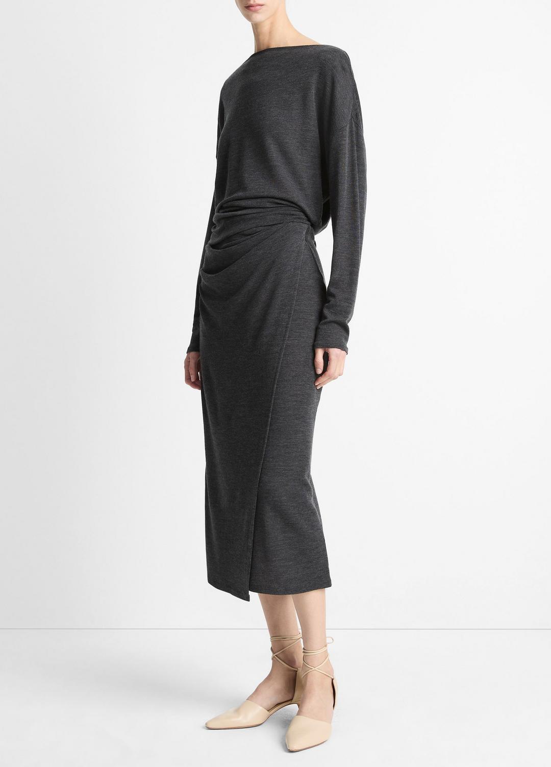 Draped-Waist Wool-Blend Midi Skirt in Skirts - DARK HEATHER GREY | VINCE Women