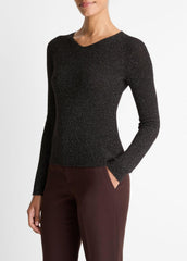 Metallic Ribbed High V-Neck Sweater in Vince Products Women - BLACK METALLIC | VINCE Women