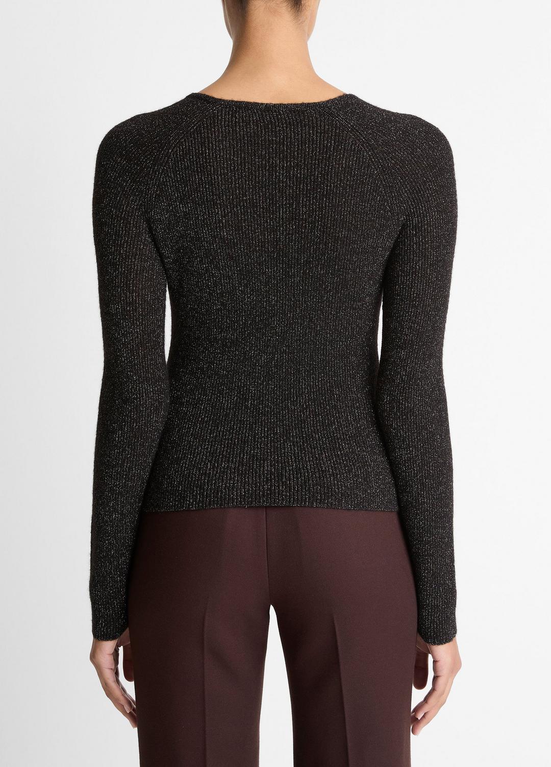 Metallic Ribbed High V-Neck Sweater in Vince Products Women - BLACK METALLIC | VINCE Women