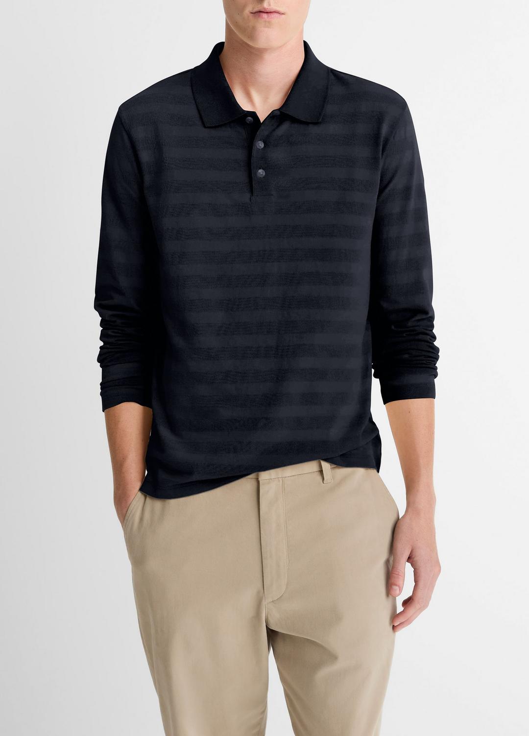Jacquard-Stripe Cotton Long-Sleeve Polo Shirt in Long Sleeve - COASTAL BLUE | VINCE Men
