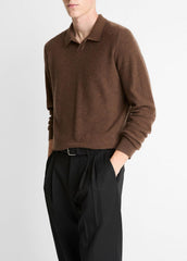 Feed Stripe Plush Cashmere Johnny-Collar Sweater in Cashmere - MISSION/DARK HEATHER BEARPAW | VINCE Men