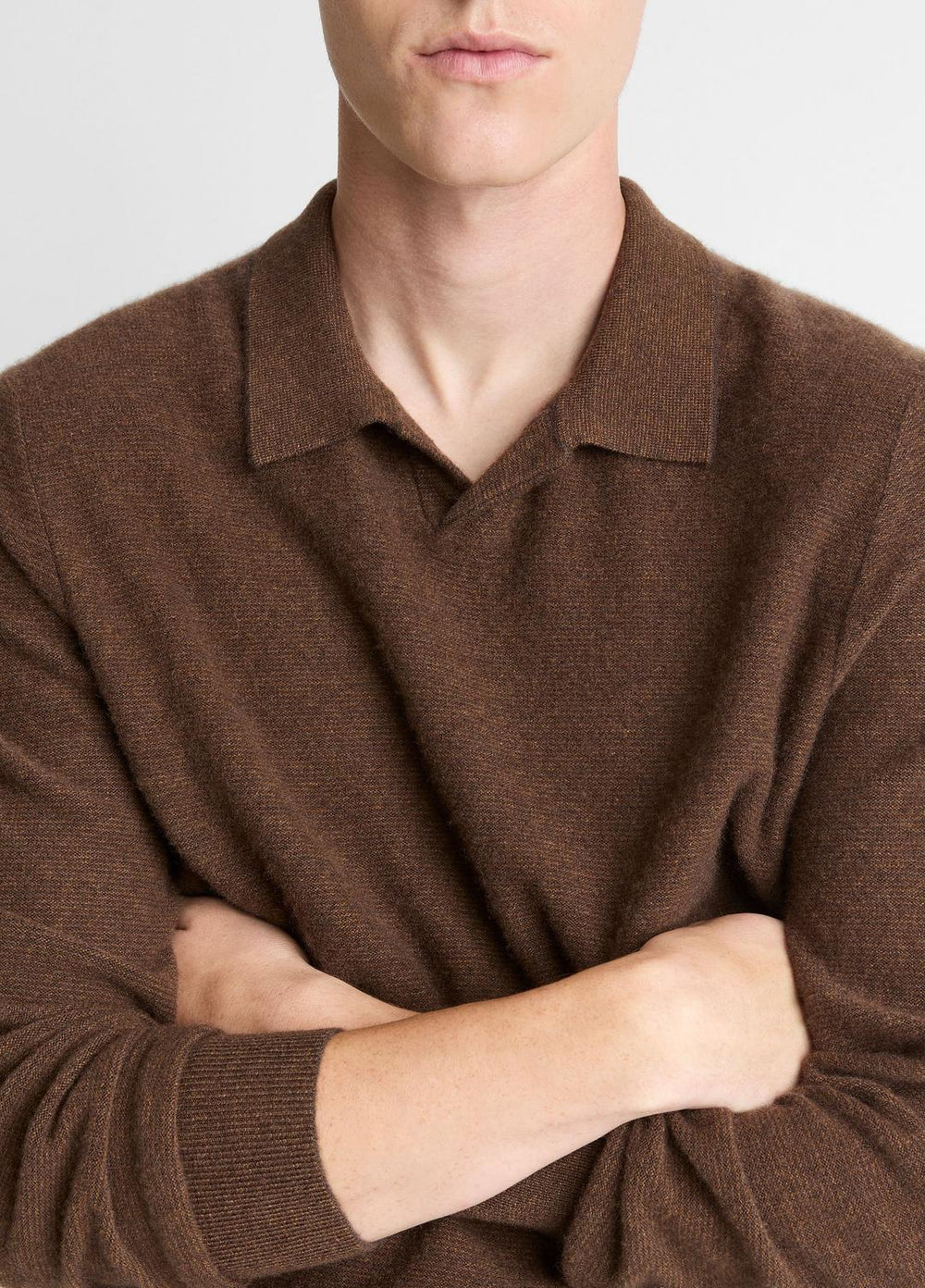 Feed Stripe Plush Cashmere Johnny-Collar Sweater in Cashmere - MISSION/DARK HEATHER BEARPAW | VINCE Men