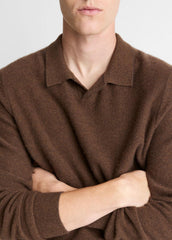 Feed Stripe Plush Cashmere Johnny-Collar Sweater in Cashmere - MISSION/DARK HEATHER BEARPAW | VINCE Men