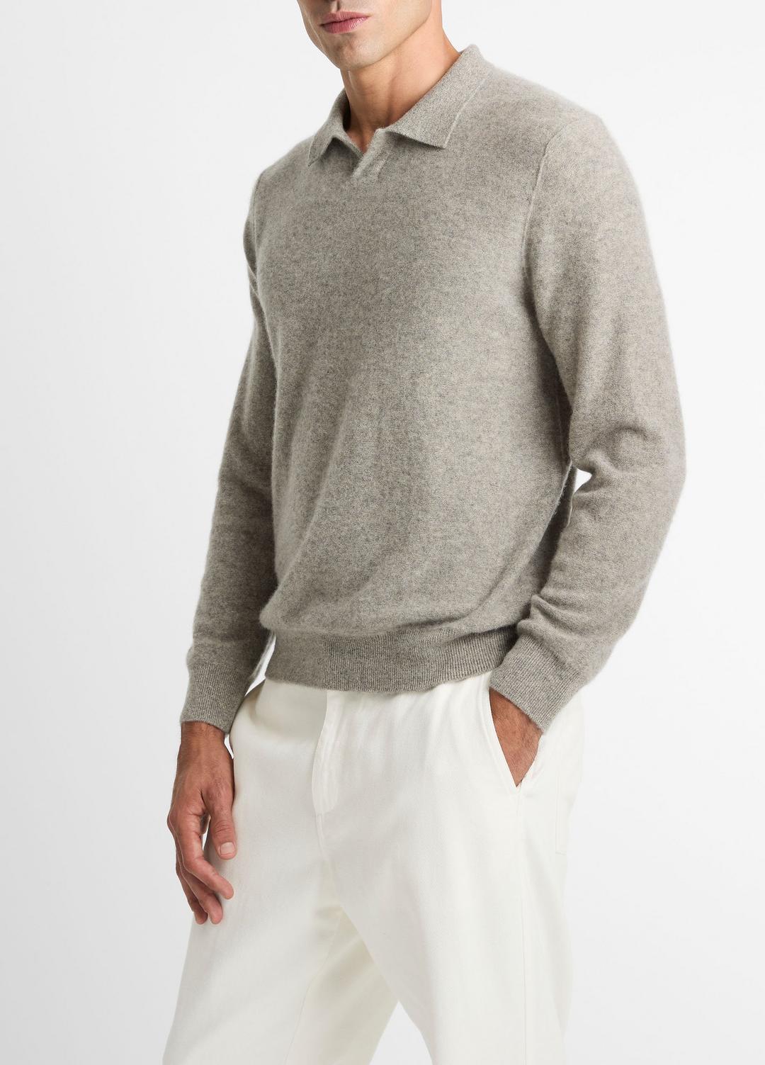 Plush Cashmere Johnny-Collar Polo in Cashmere - HEATHER MOUSE | VINCE Men