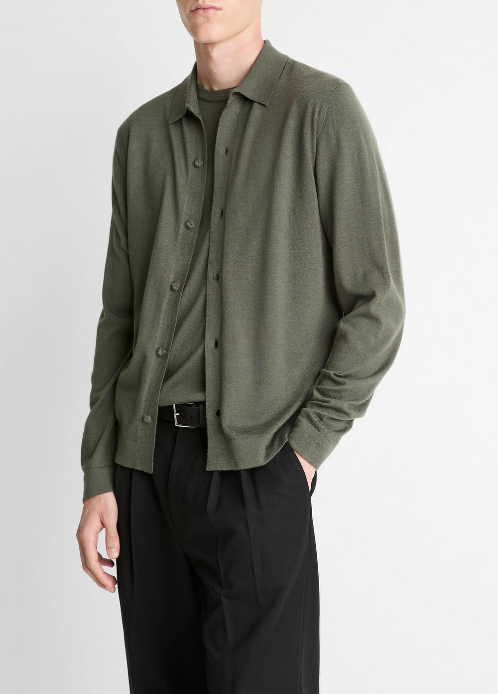 Featherweight Merino Wool-Cashmere Sweater Shirt in Long Sleeve - SYCAMORE | VINCE Men