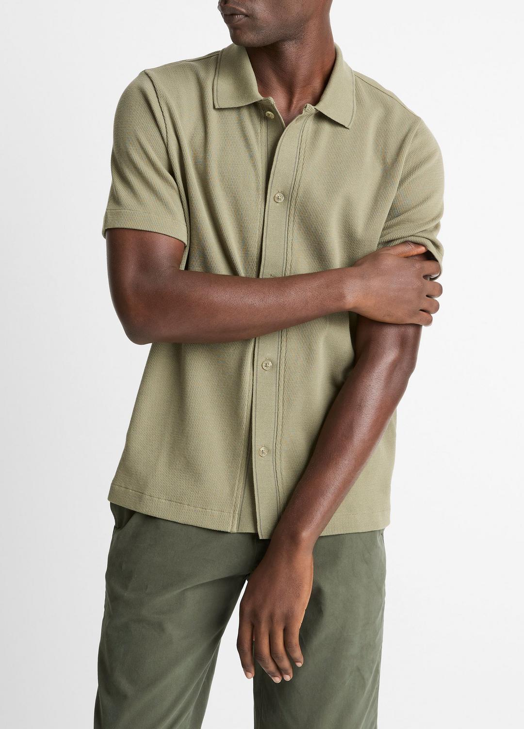 Jacquard-Knit Cotton Short-Sleeve Button-Front Shirt in Short Sleeve - SAGE/SYCAMORE | VINCE Men