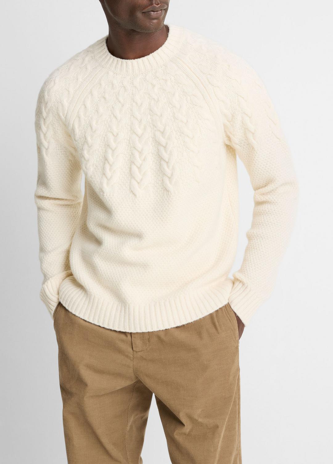 Airspun Merino Wool Cable-Yoke Sweater in Crew Neck - LIGHT DUNE | VINCE Men