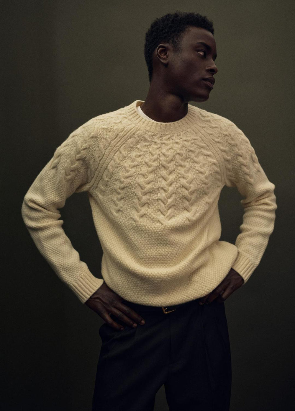 Airspun Merino Wool Cable-Yoke Sweater in Crew Neck - LIGHT DUNE | VINCE Men